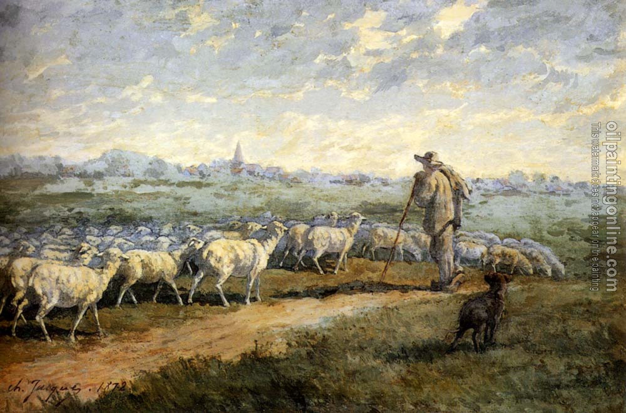 Charles Emile Jacque - Landscape With A Flock Of Sheep